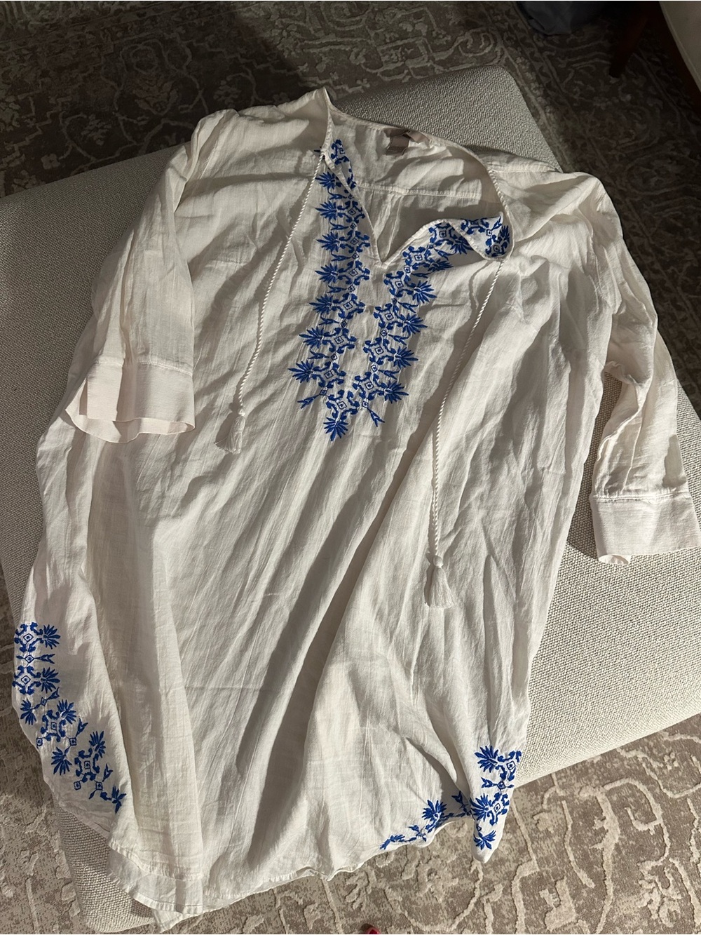 H&M White Tunic Shirt with Blue Floral Embroidery